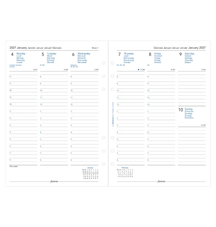 Filofax A5 recharge agenda semainier 2027 multilingue