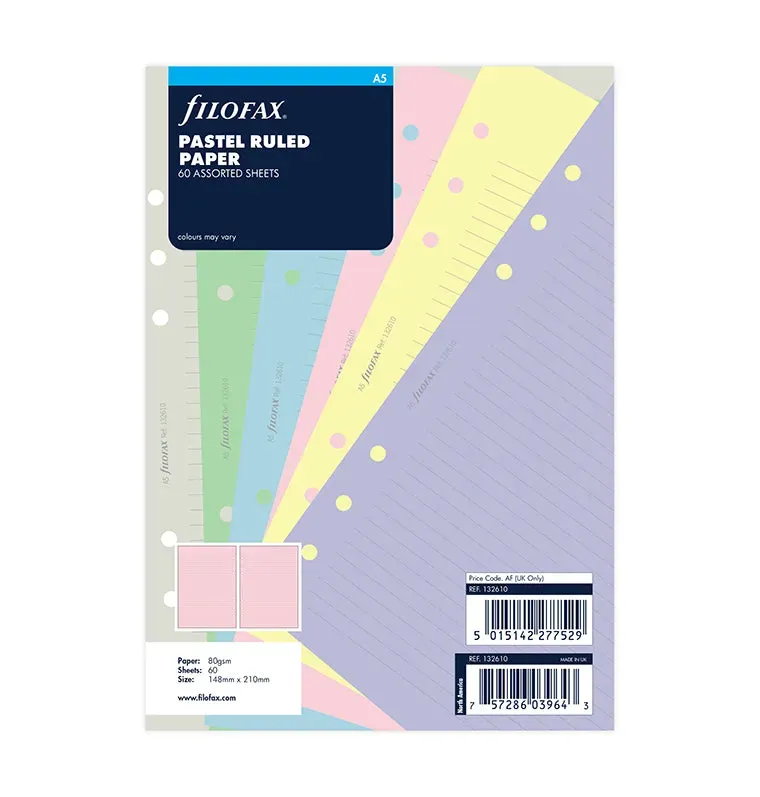 Filofax Pastels recharge papier ligné A5 feuilles pastel