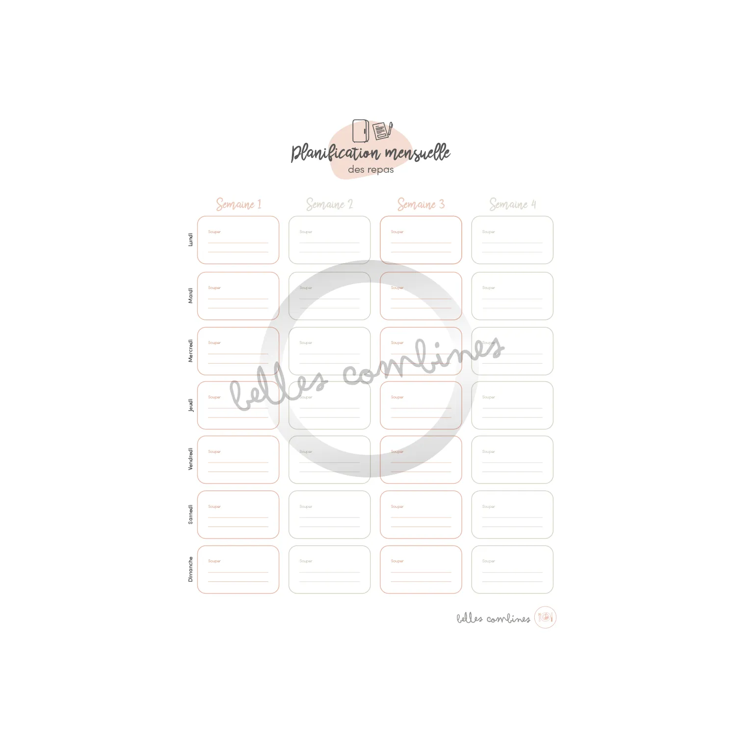 Les Belles Combines Planification mensuelle des repas menu français à imprimer