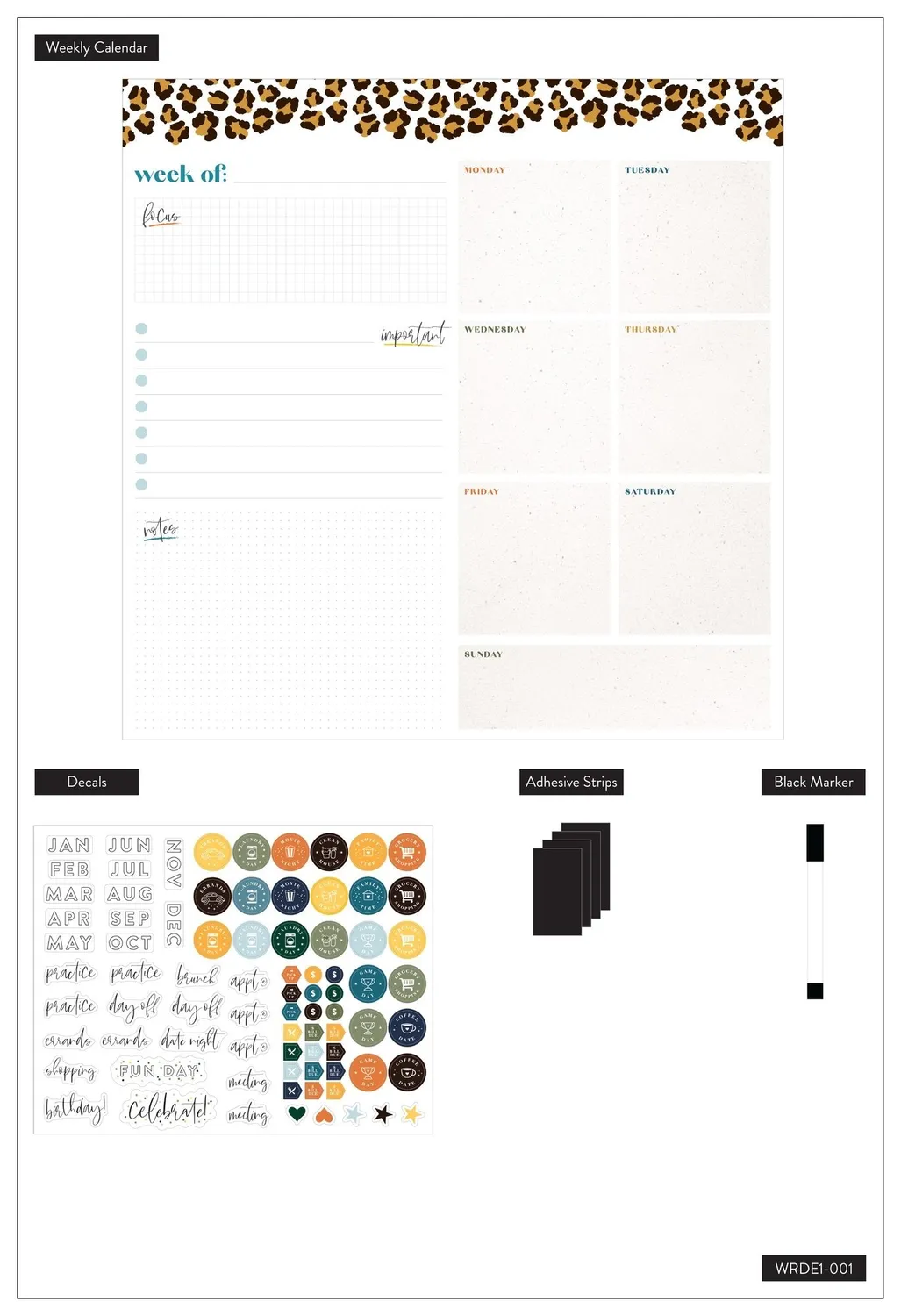 Happy Planner Leopard calendrier effaçable hebdo mural 36 cm