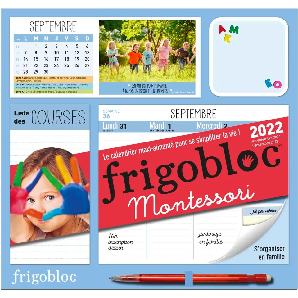 Frigobloc Montessori 2022 calendrier familial 16 mois