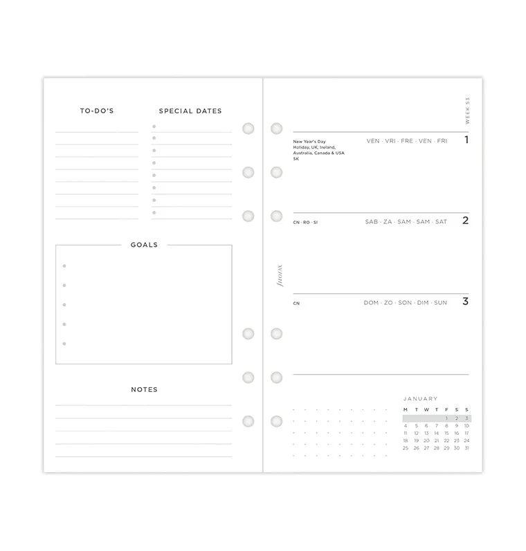 Filofax Minimal agenda 2027 Personal semaine multilingue