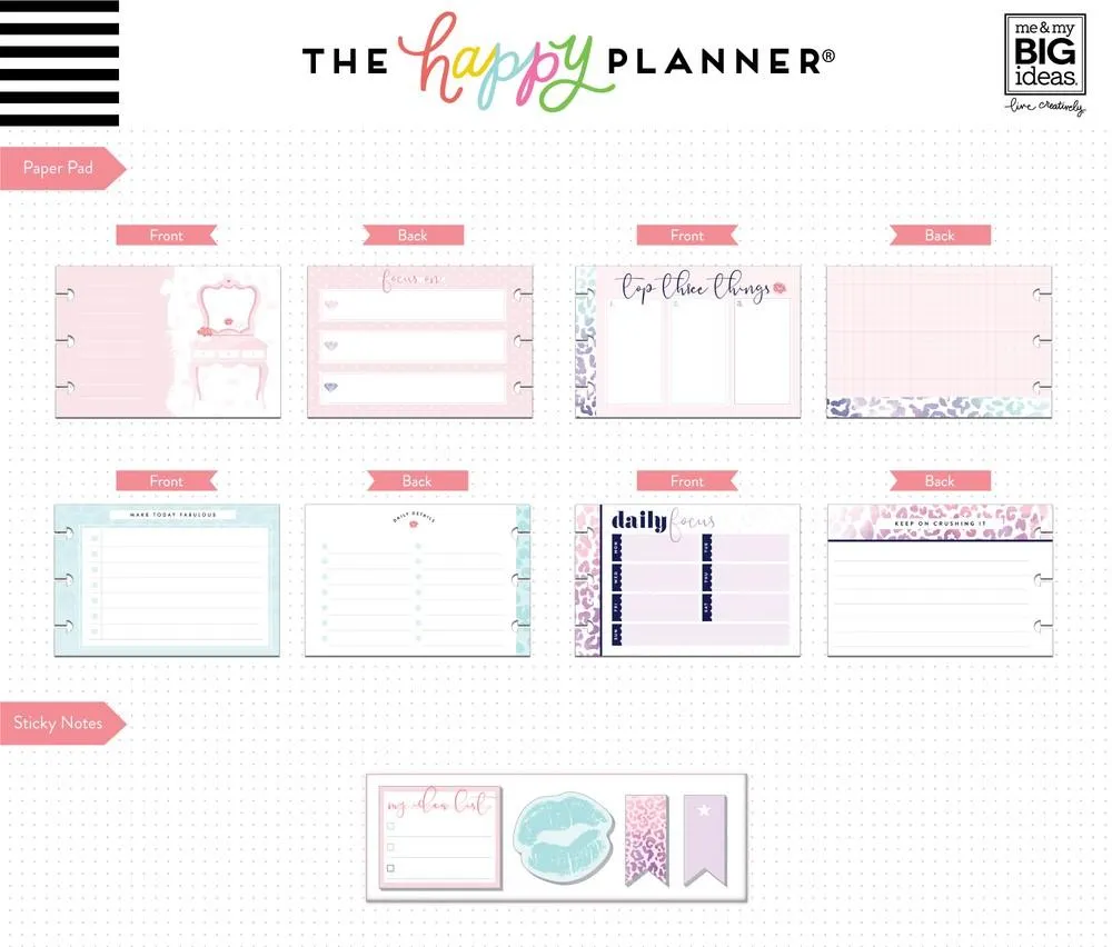 Happy Planner pack accessoires Glam Girl stickers et notes 3 en 1
