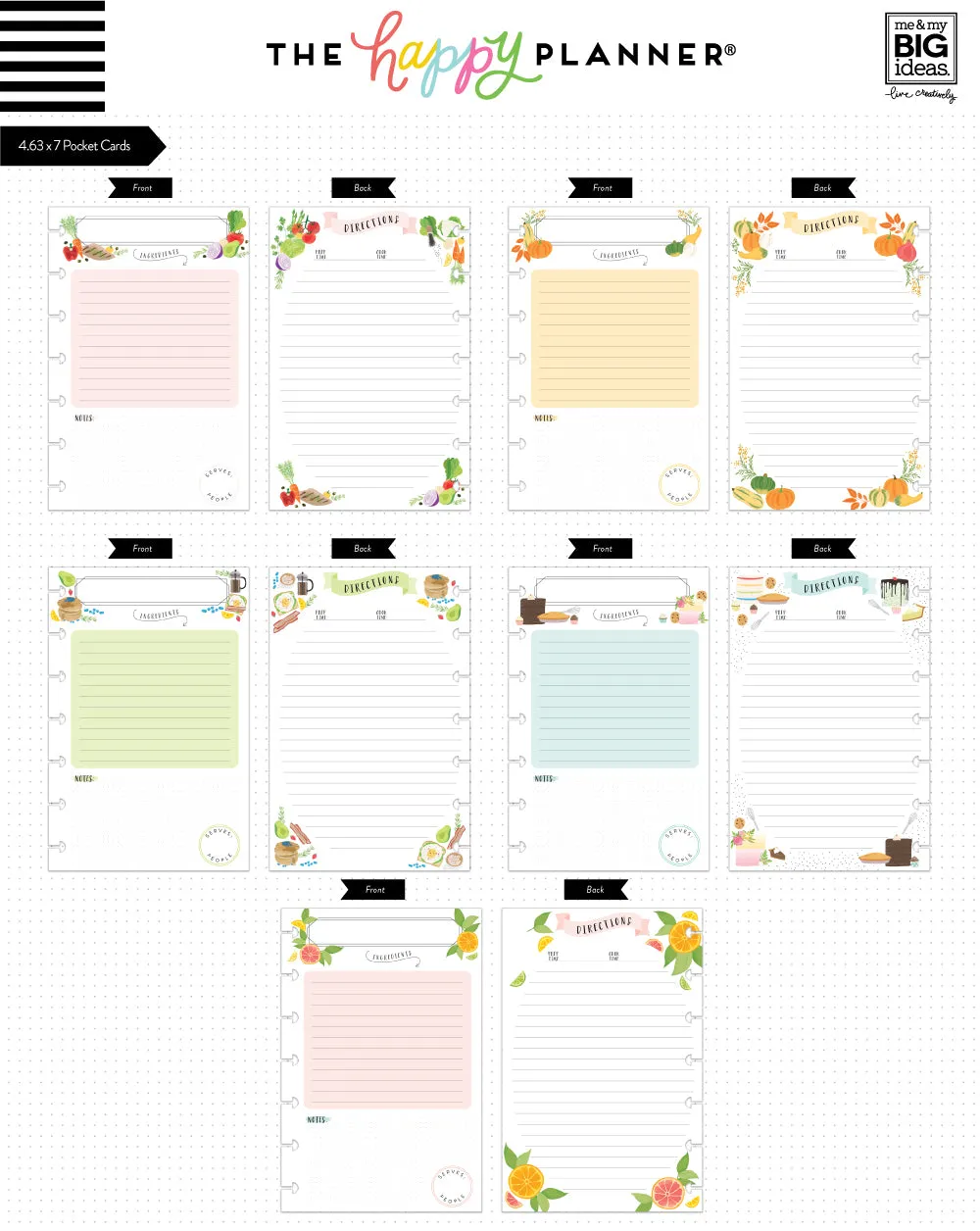 Happy Planner Pocket Cards Recipe fiches recettes x40