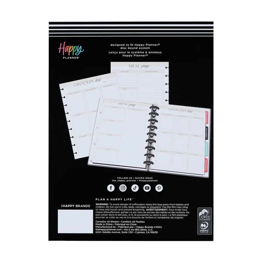 Happy Planner Classic papier courses repas 40 feuilles