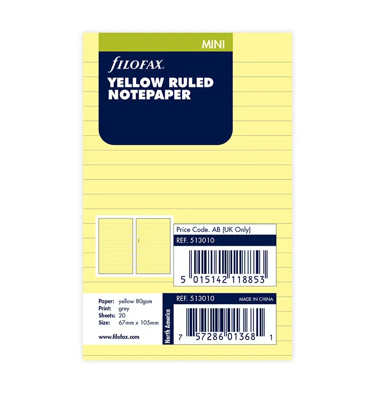 Filofax Classic Mini recharge papier ligné jaune 20 feuilles