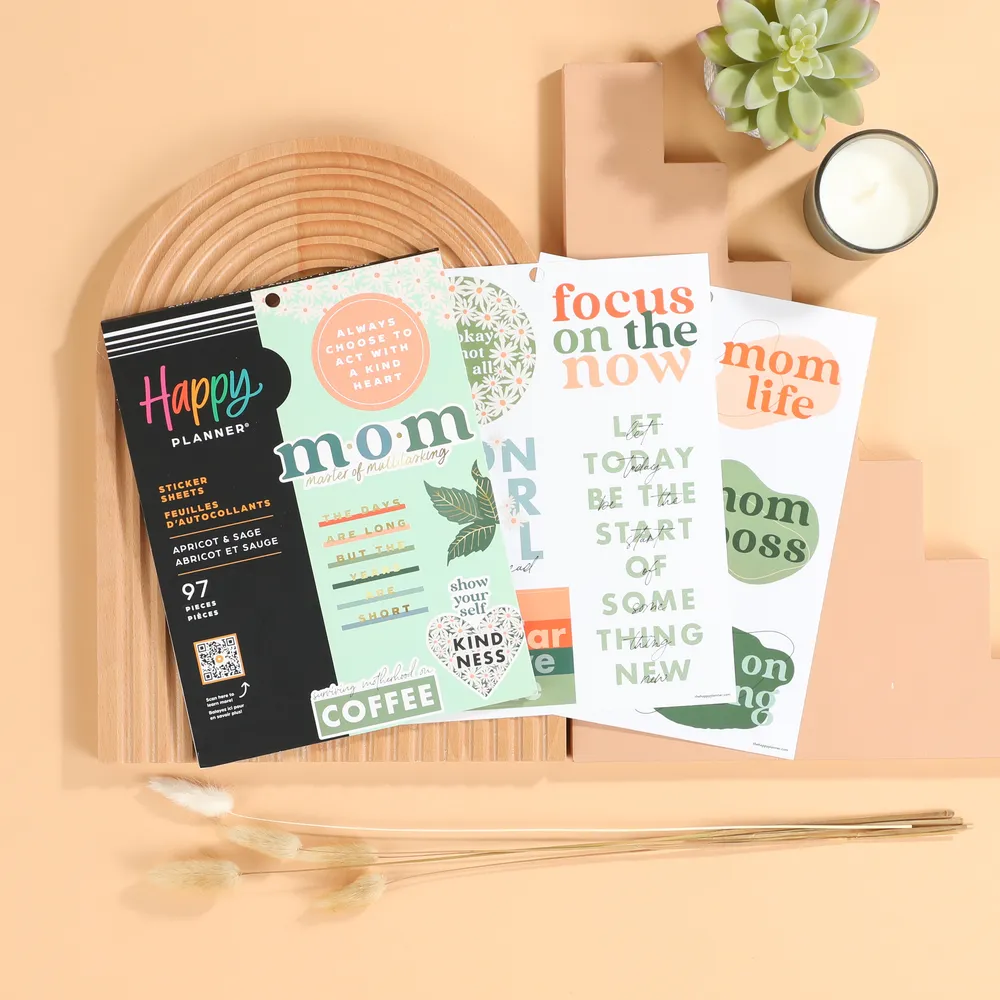 Happy Planner Apricot & Sage Mom stickers grand 97 floral doré
