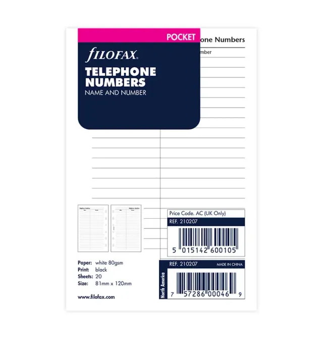 Filofax répertoire téléphonique Pocket 20 feuilles