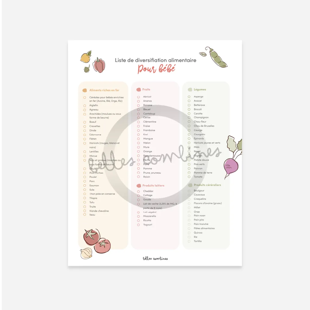 Les Belles Combines Liste diversification alimentaire bébé fiche