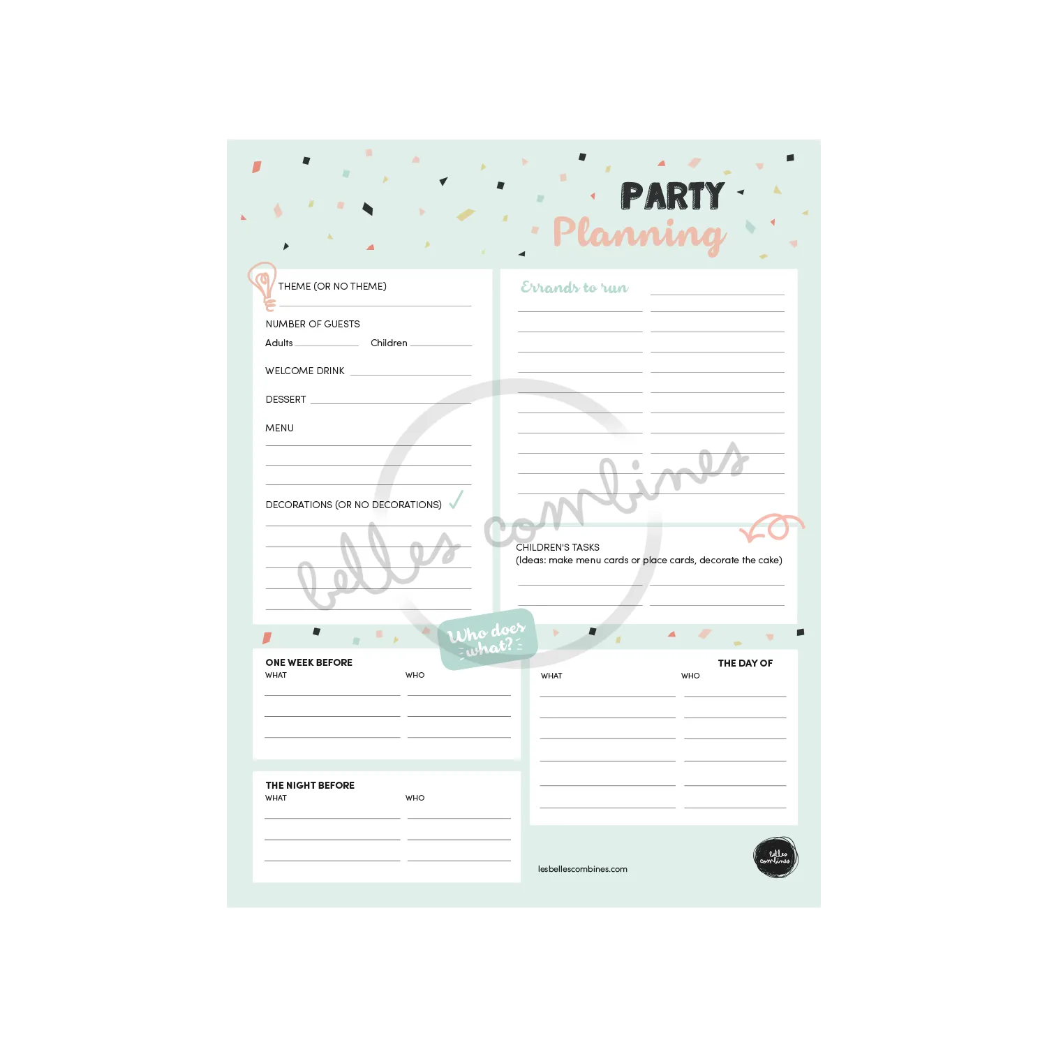 Les Belles Combines Organiser un party fiche à imprimer FR-EN