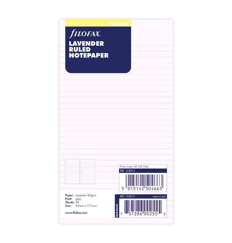 Filofax recharge papier ligné lavande Personal 30 feuilles