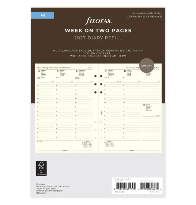 Filofax Classic recharge 2027 semaine sur 2 pages A5 crème