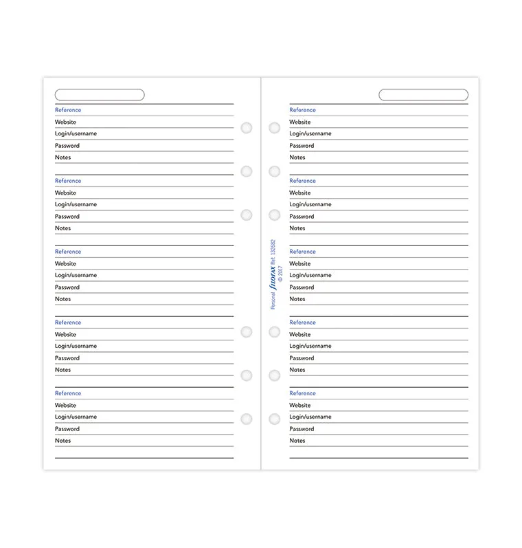 Filofax Personal recharge papier mots de passe