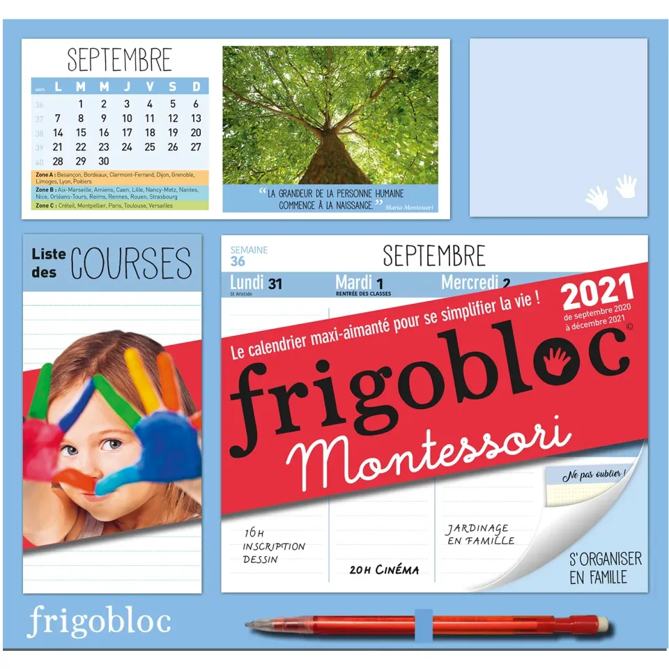 Frigobloc Montessori 2021 calendrier familial aimanté sept 2020-déc 2021