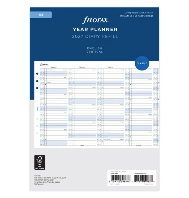 Filofax Classic Recharge agenda A5 2027 vertical anglais