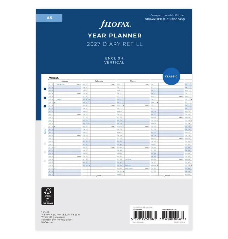 Filofax Classic Recharge agenda A5 2027 vertical anglais