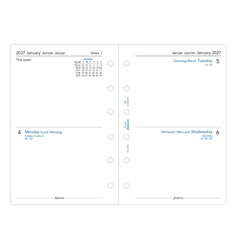 Filofax 68223 recharge agenda 2027 Pocket 2 jours par page multilingue