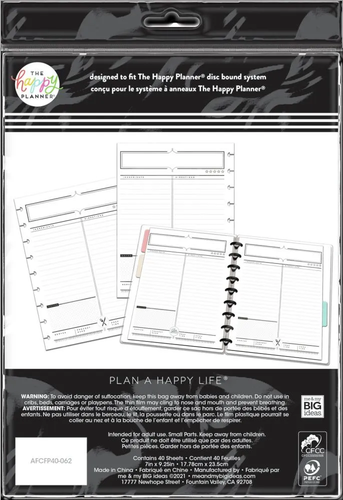 Happy Planner Classic Recipe recharge agenda à anneaux 40 pages