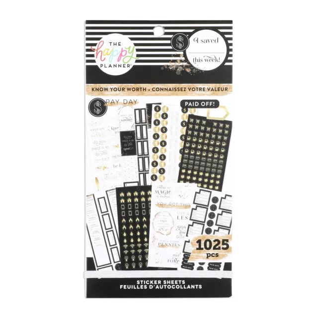 Happy Planner Know Your Worth stickers 30 planches budget doré