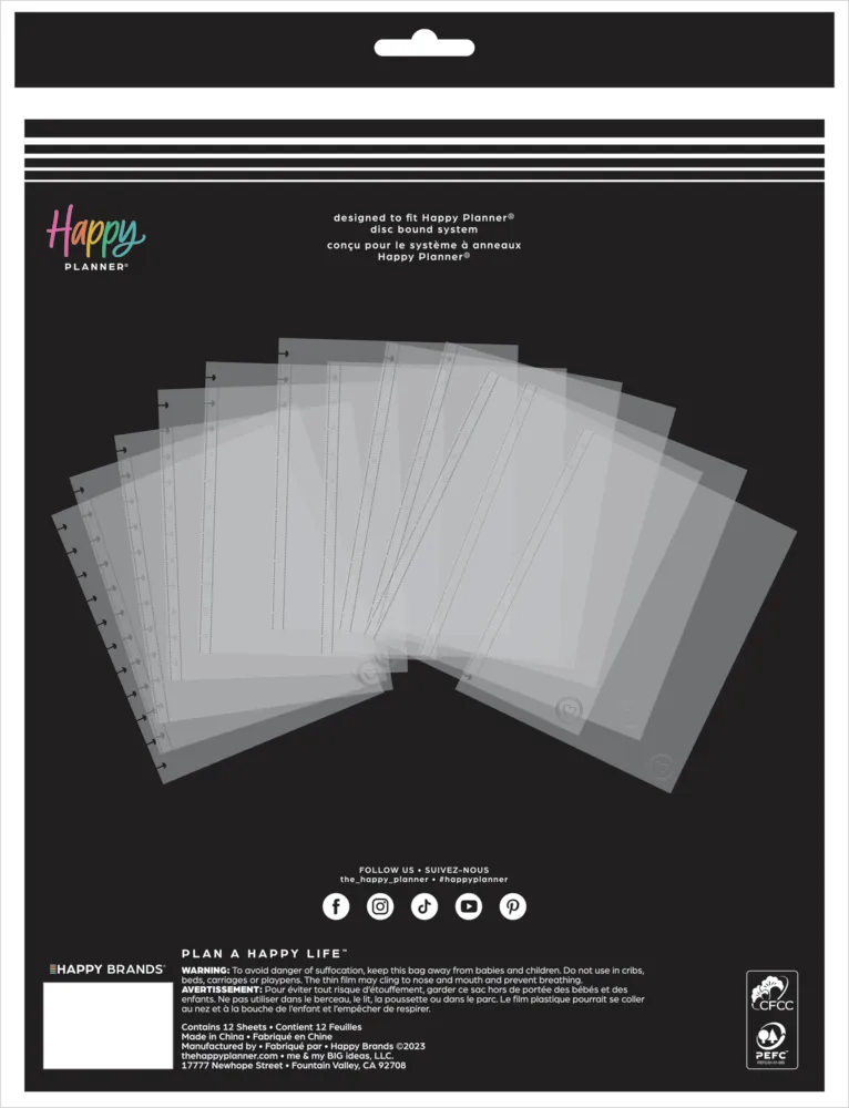 Happy Planner Everyday protège-pages Big lot de 12 transparent