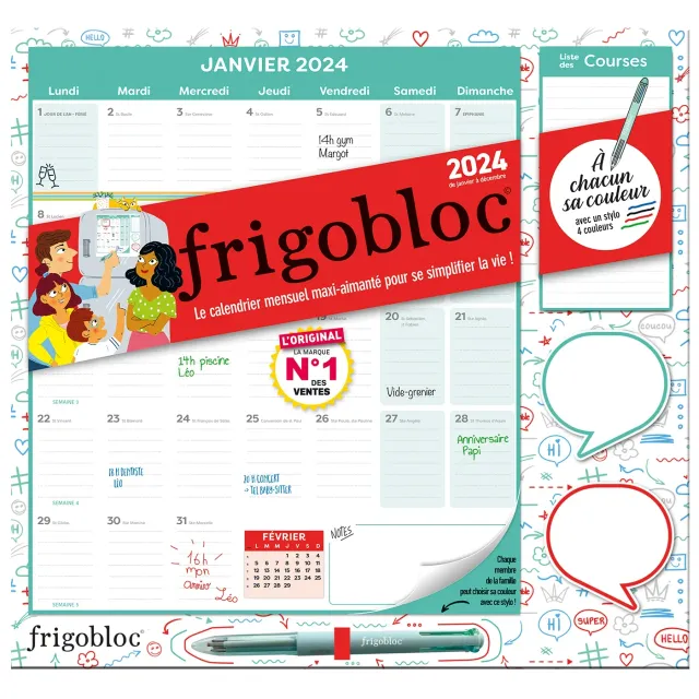 Frigobloc Mensuel 2024 calendrier familial magnétique stylo