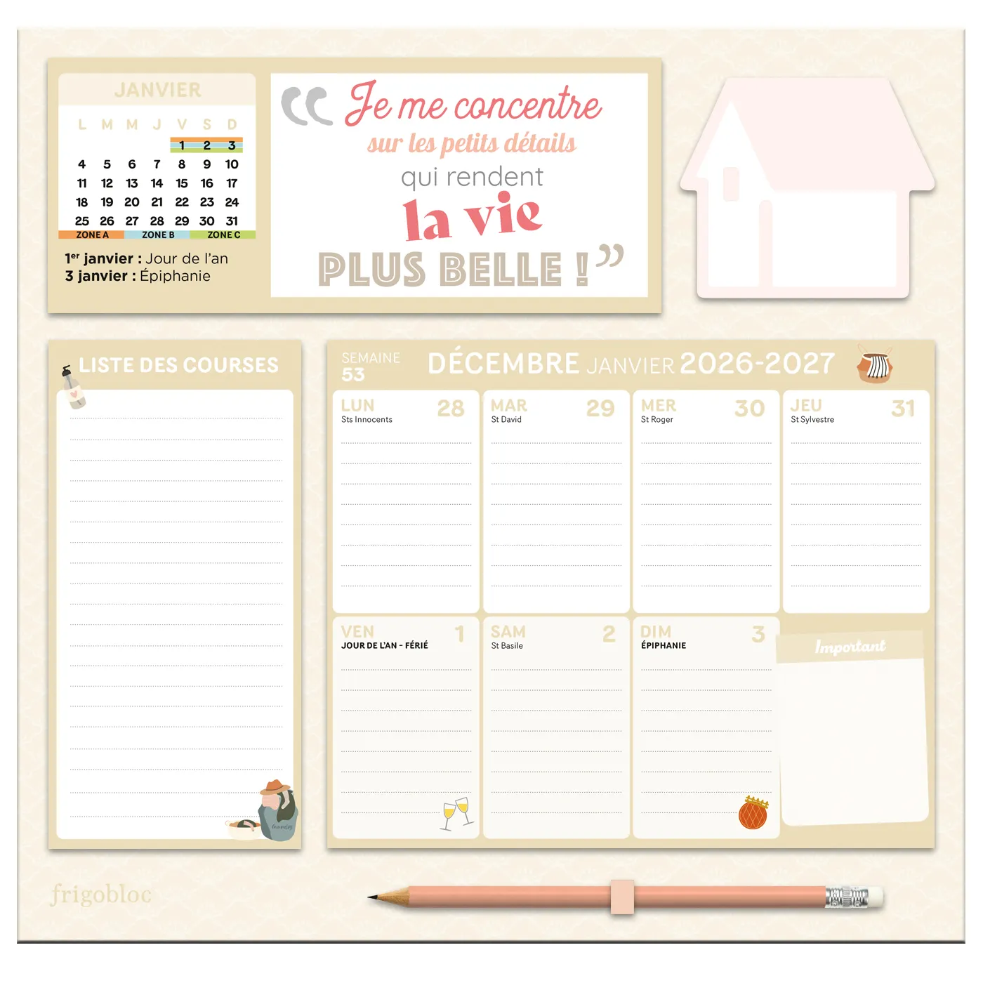 Frigobloc Hebdomadaire Maison Zen 2027 calendrier familial aimanté