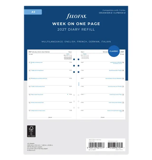 Filofax Classic A5 recharge agenda semaine 2027