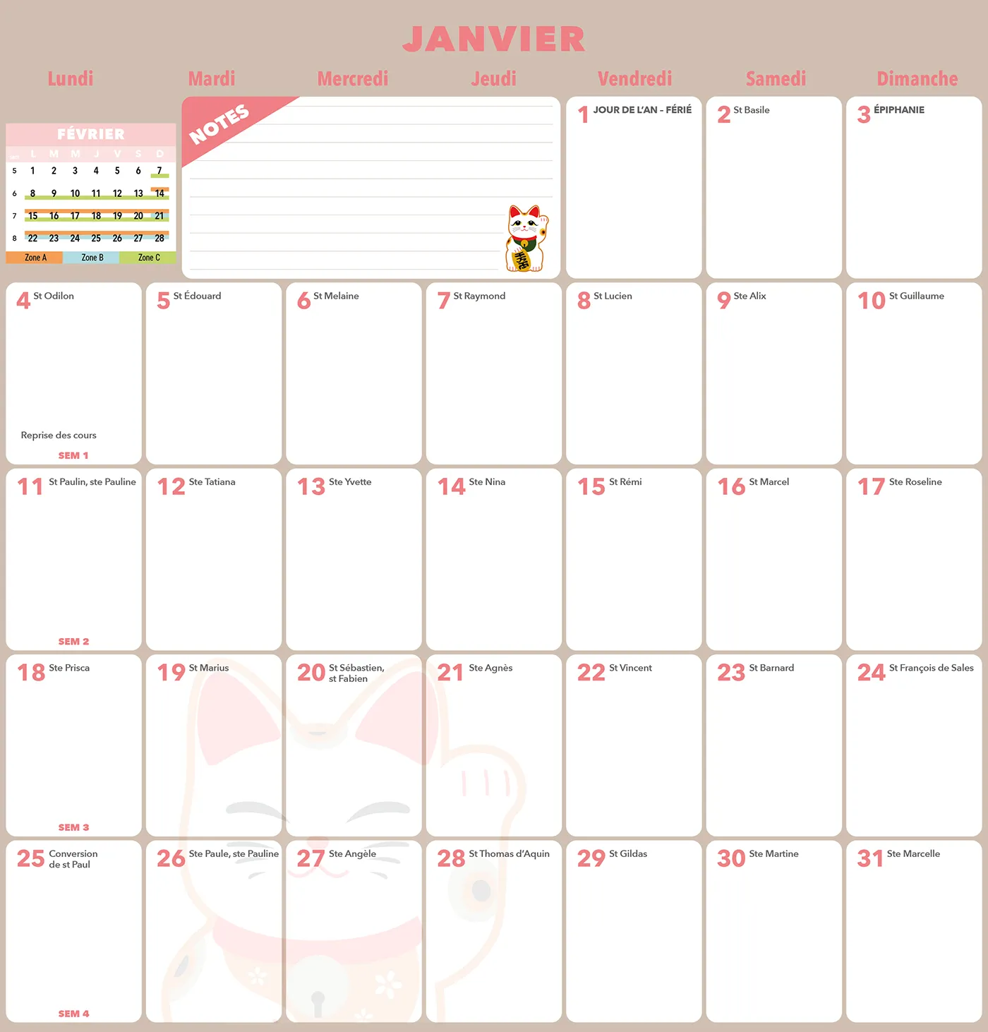 Frigobloc Mensuel 2027 Déco Chats calendrier familial aimanté