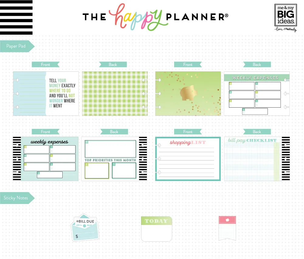 Happy Planner Budget kit accessoires stickers notes cartes