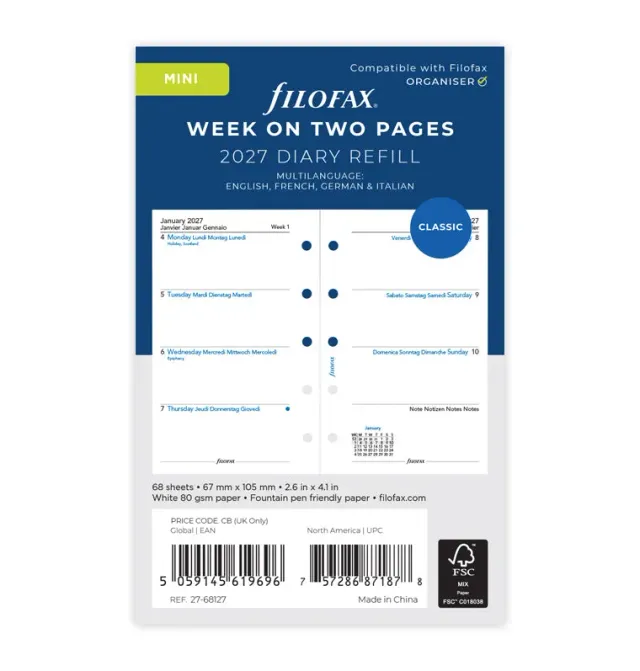 Filofax Mini recharge agenda semainier 2027 multilingue