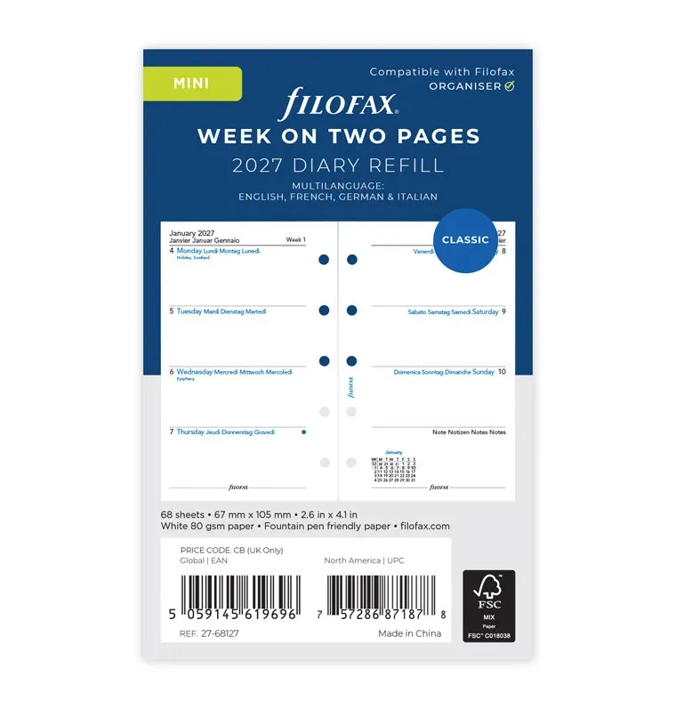 Filofax Mini recharge agenda semainier 2027 multilingue