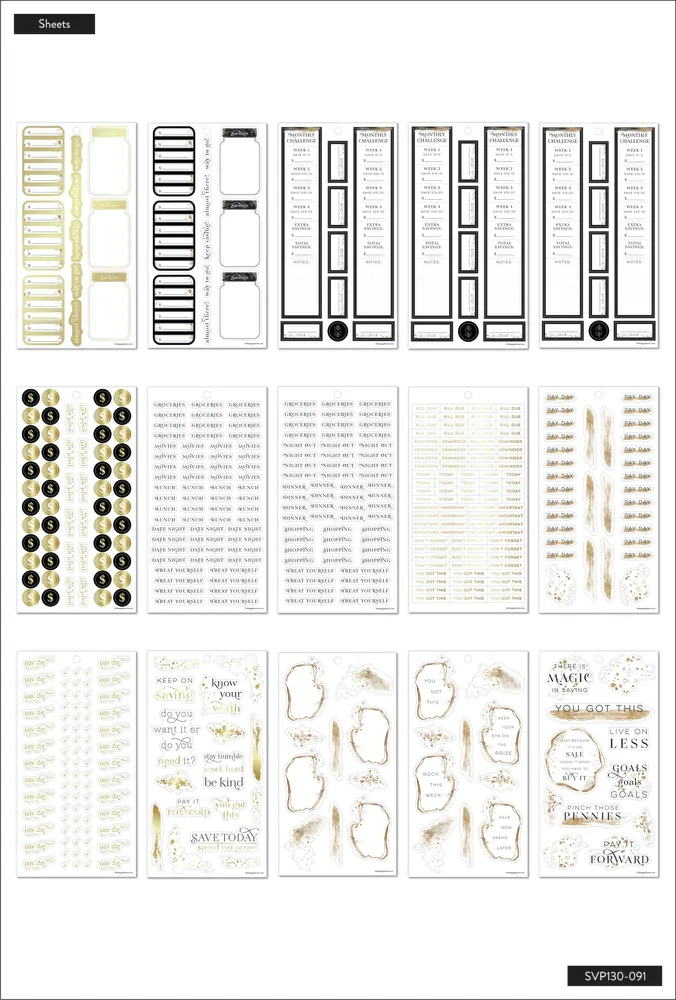 Happy Planner Know Your Worth stickers 30 planches budget doré