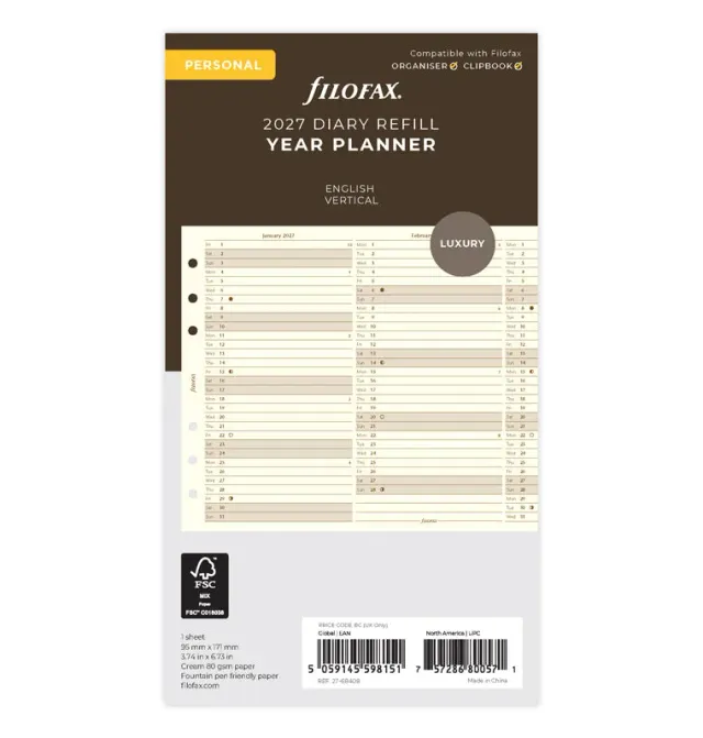 Filofax 2027 recharge agenda verticale Personal crème anglais