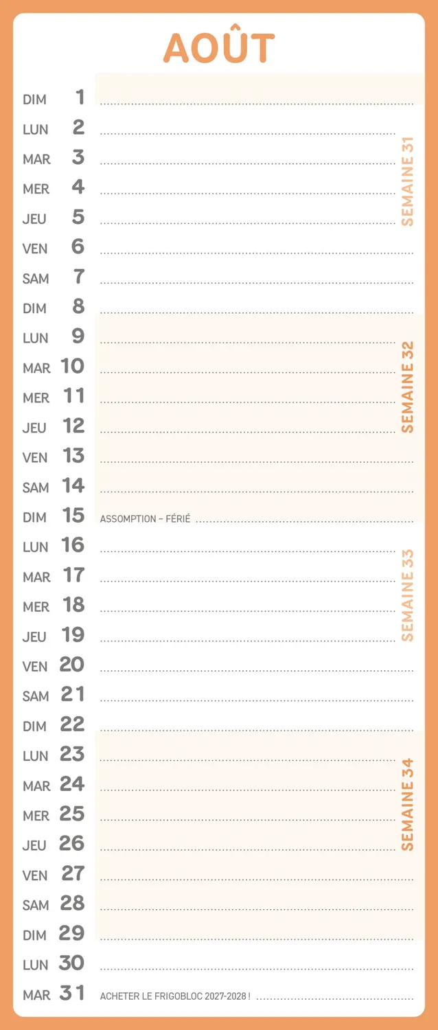 Frigobloc Mensuel Compact 2027 calendrier familial sept 2026-déc 2027
