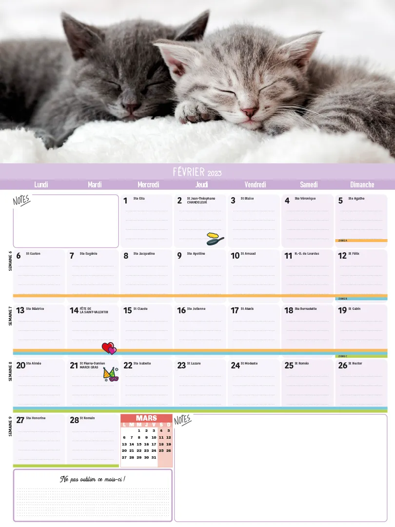 Frigobloc Mensuel Chats 2023 calendrier aimanté famille
