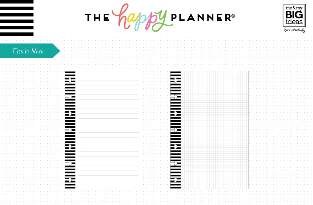 Happy Planner B&W stripes Mini recharge papier ligné et quadrillé 40 feuilles