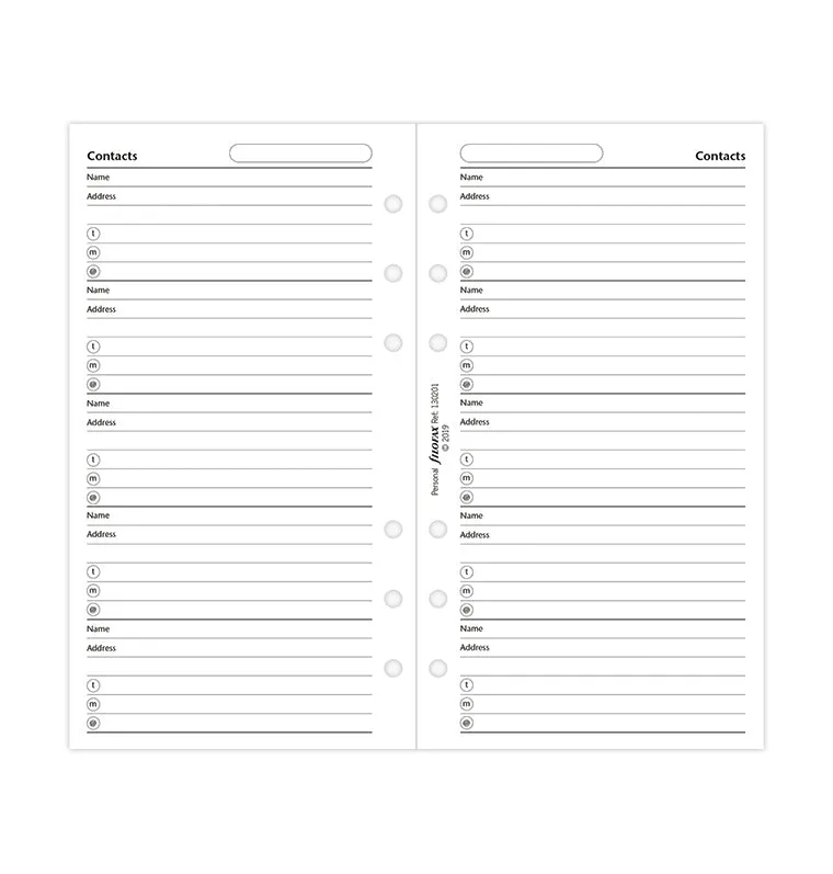 Filofax Personal recharge contacts 20 feuilles à anneaux