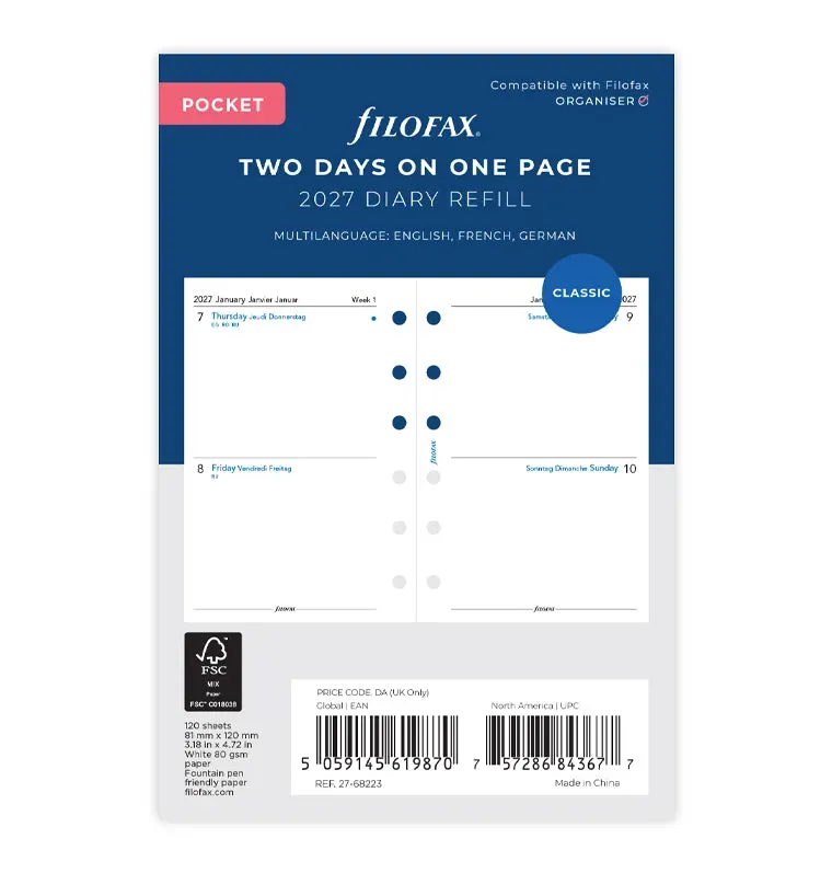 Filofax 68223 recharge agenda 2027 Pocket 2 jours par page multilingue