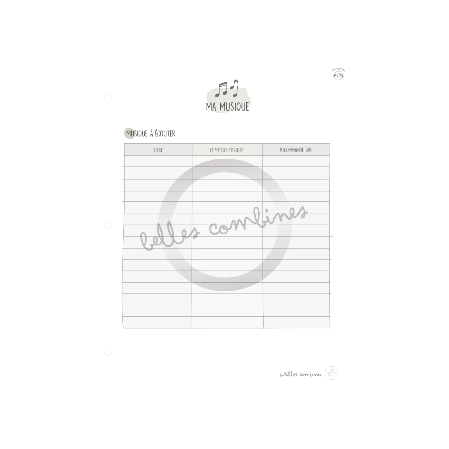 Les Belles Combines Suggestions musicales enfants fiche à imprimer