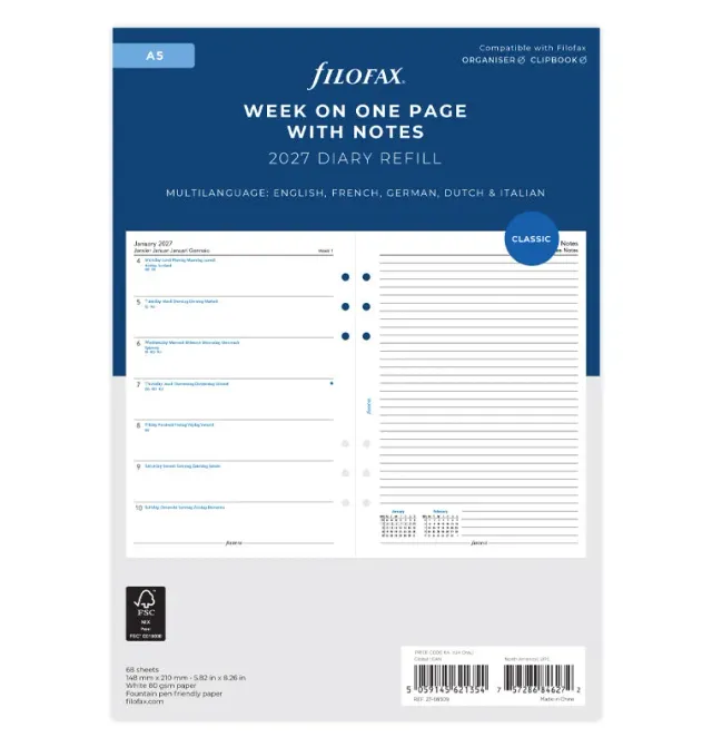 Filofax Classic recharge agenda 2027 A5 semaine/page multilingue