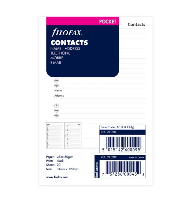 Filofax Classic recharge adresses Pocket 20 feuilles