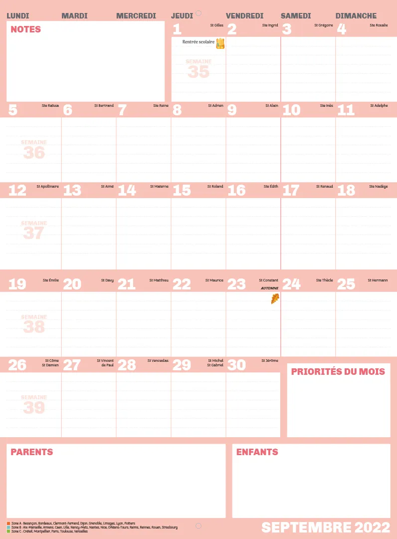 Frigobloc Mini Ultra Simple calendrier famille 16 mois aimanté