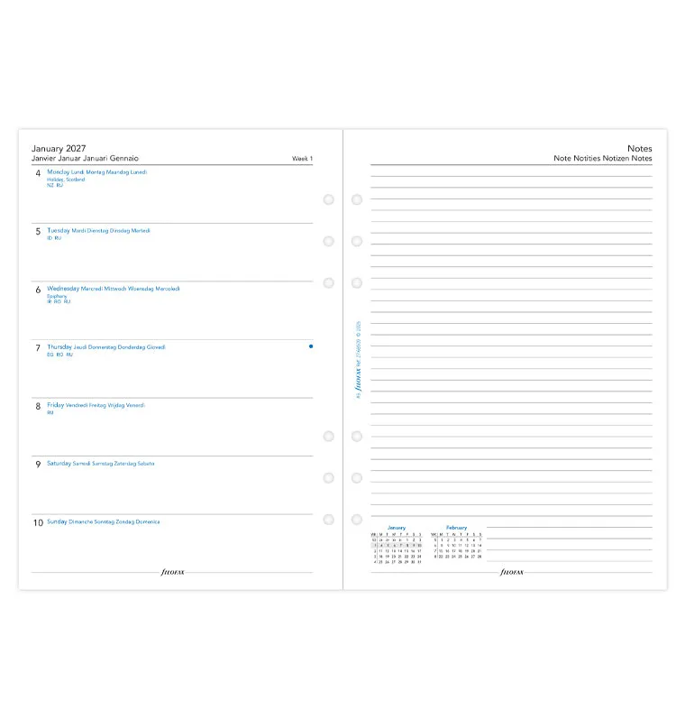 Filofax Classic recharge agenda 2027 A5 semaine/page multilingue