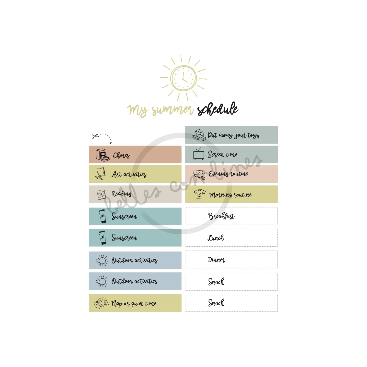 Les Belles Combines Mon horaire estival fiche routine été