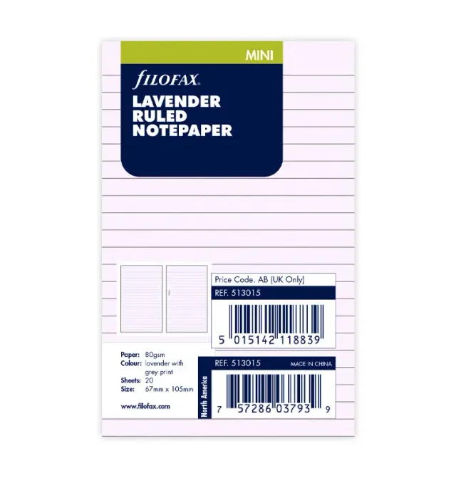Filofax Mini recharge feuilles lignées lavande 30 feuilles