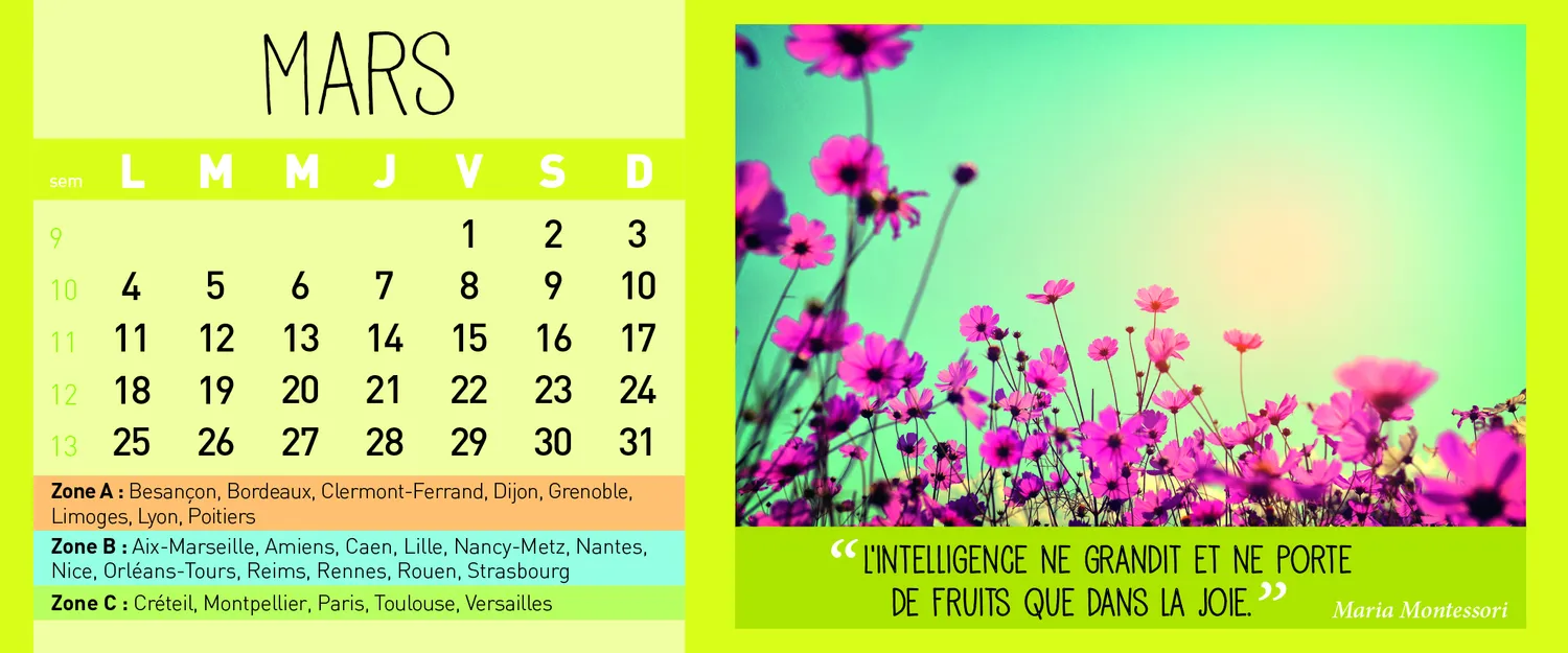 Frigobloc Hebdomadaire Montessori 2024 calendrier familial 16 mois