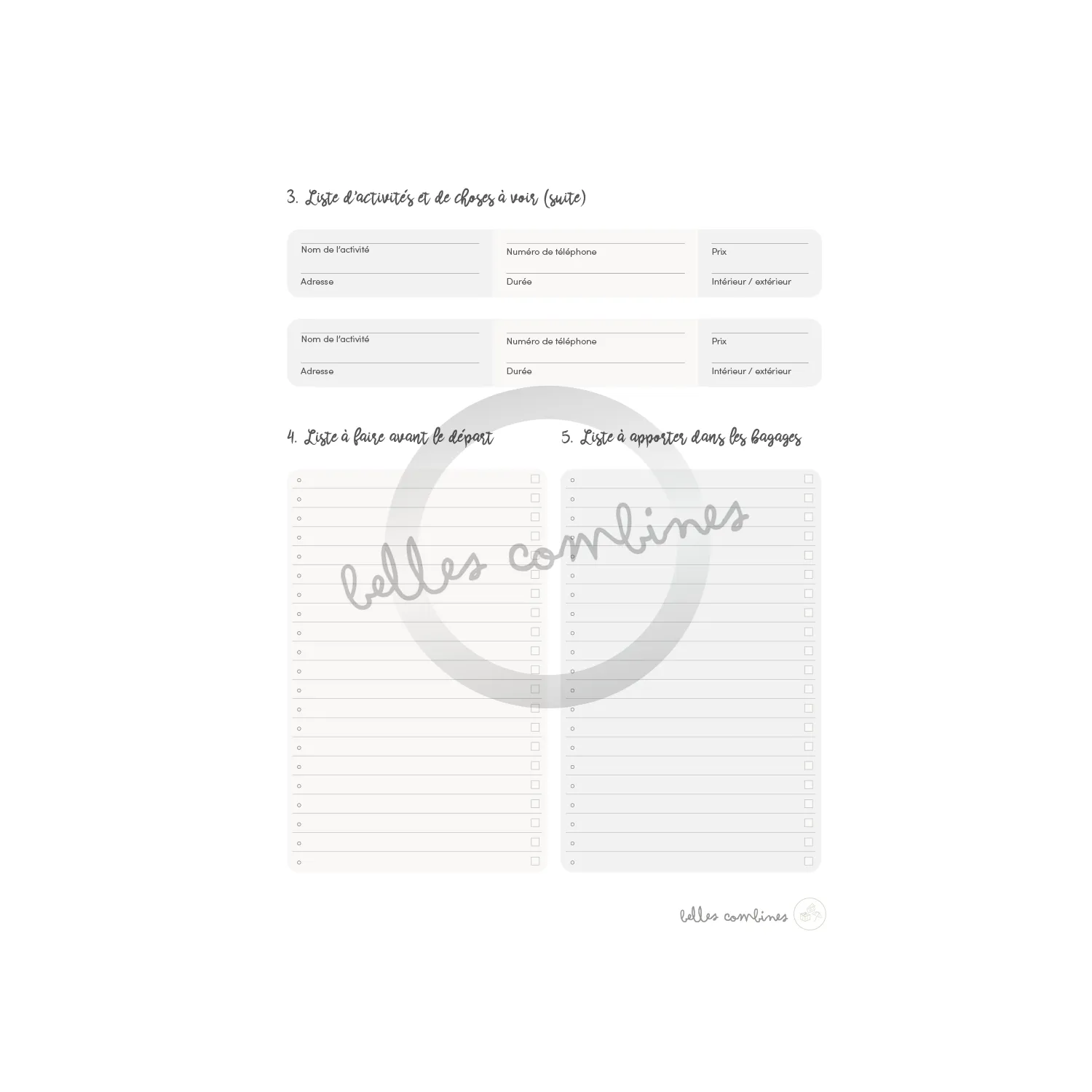 Les Belles Combines Guide planification vacances fiche à imprimer française