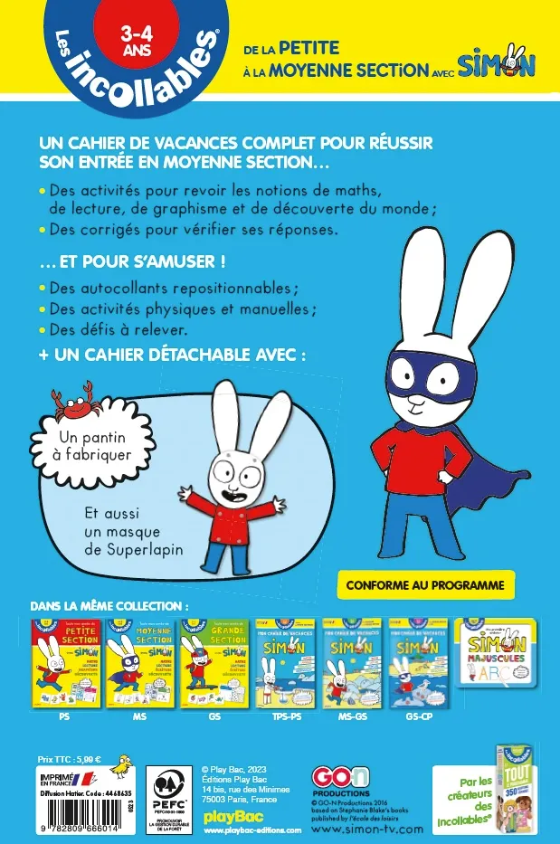 Les Incollables Simon cahier de vacances PS-MS 2026 3-4 ans