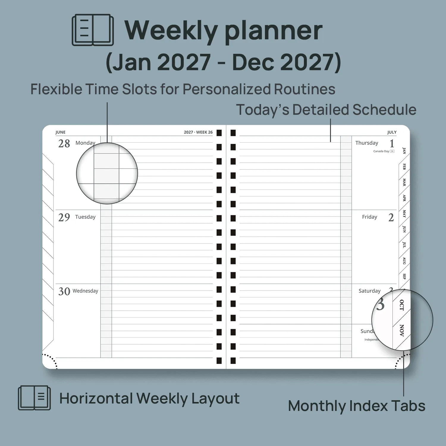 Poprun WETLO7-27 agenda hebdomadaire 2027 rigide 2 pages par semaine