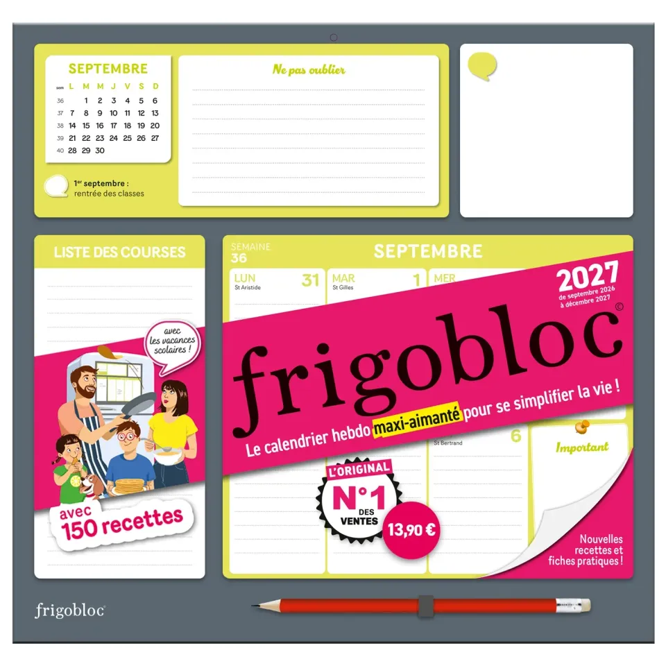 Frigobloc Hebdomadaire 2027 calendrier familial sept 2026-déc 2027 aimanté